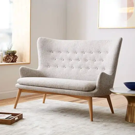 Modern cappuccino 2-seater sofa, red beech wood and linen or velvet fabric, high-quality MS-11175