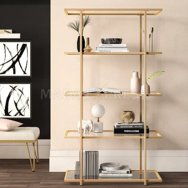 مكتبة ديكور متعددة الوظائف حديد بأرفف زجاج شفاف MS-7392