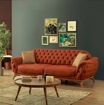 كنبة ثلاث مقاعد كابوتنيه مودرن خشب زان أحمر وقماش كتان أو قطيفة MS-11167